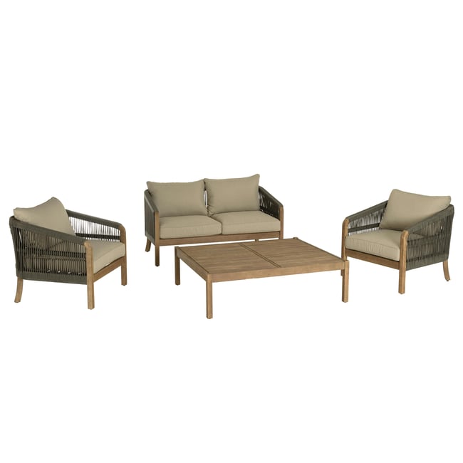 Salon détente 4 places acacia naturel et cordage vert avec coussins BAHIA bois naturel <span itemprop=