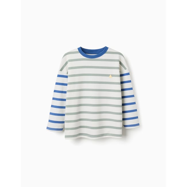 T-shirt en coton à manches longues à rayures vert <span itemprop=