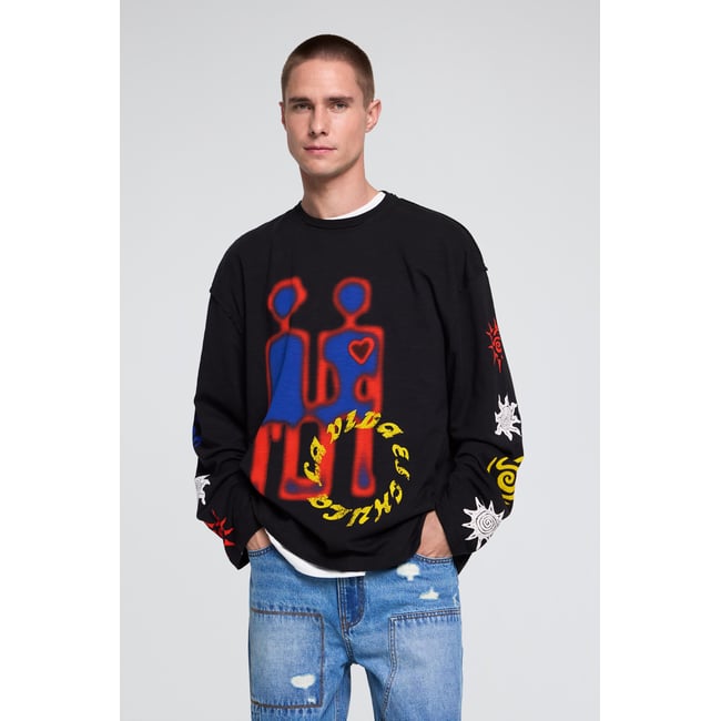 T-shirt à manches longues imprimé noir <span itemprop=