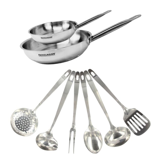 Set de 2 poêles de 20 et en inox et 6 ustensiles inox ETERNA inox <span itemprop=