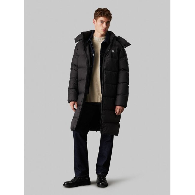 Long Hooded Padded Jacket with Down Filling, black, CALVIN KLEIN JEANS