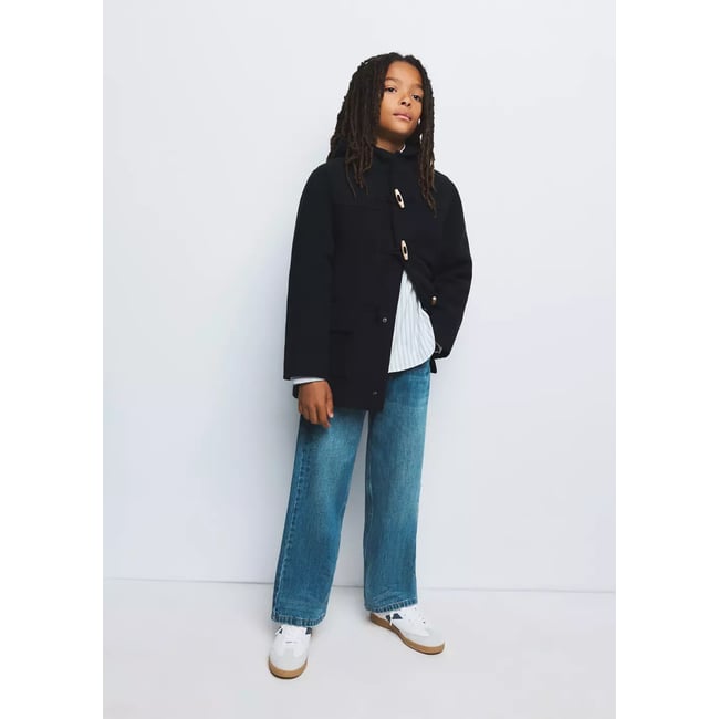Manteau laine mélangée capuche bleu marine <span itemprop=