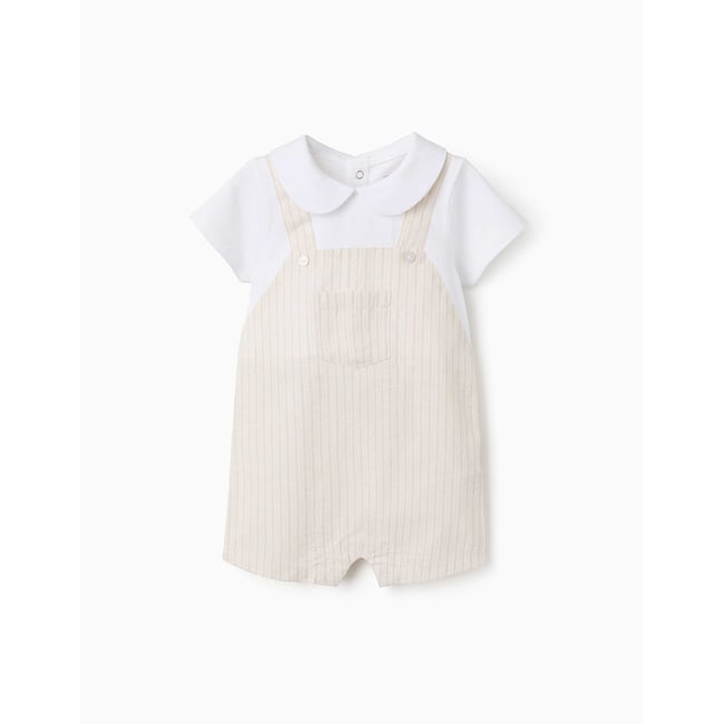 Barboteuse en coton et lin à rayures beige clair <span itemprop=