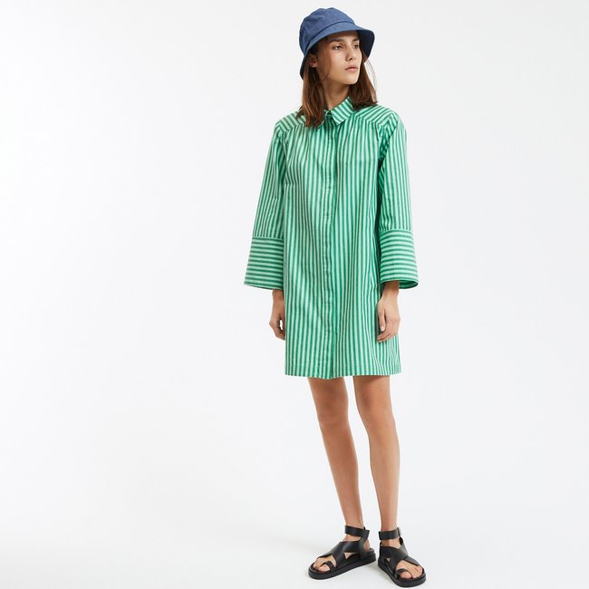 Платье-рубашка короткое в полоску с длинными рукавами rayé vert/rose LA REDOUTE COLLECTIONS