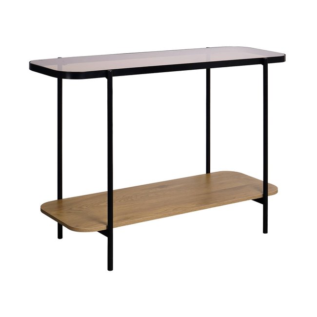 Console vintage métal et décor bois avec plateau en verre SMOOKY Couleur naturel <span itemprop=