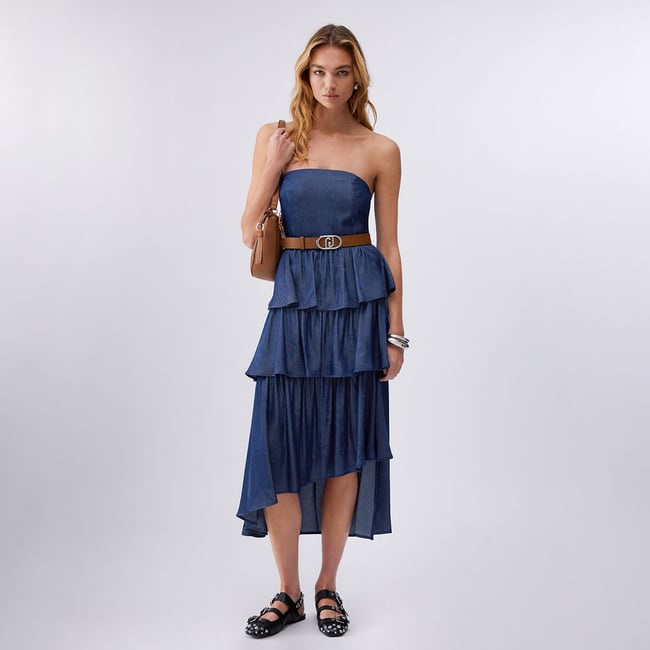 Robe mi-longue asymétrique denim foncé <span itemprop=