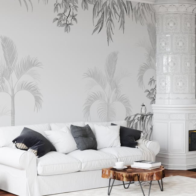 Papier peint panoramique noir et blanc jungle avec plantes et oiseaux - 170x260 cm (l x h) Couleur noir <span itemprop=