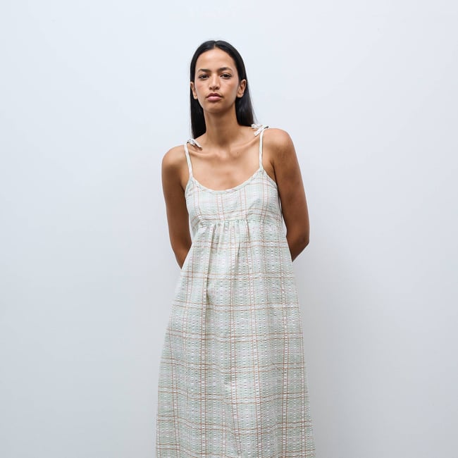 Chemise de nuit à carreaux fines bretelles en coton GOTS margarita <span itemprop=