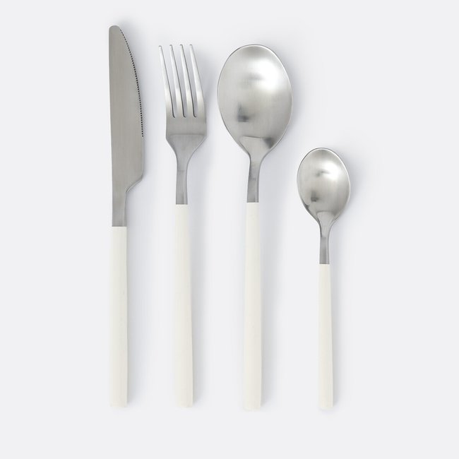 Faqueiro com 16 talheres, cabos em tom cru, Jimane inox/cru <span itemprop=