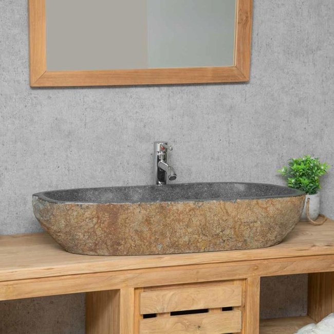 Grande vasque en galet de rivière ovale 80 cm gris <span itemprop=