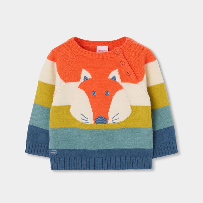 Pull garçon imprimé renard rayé orange <span itemprop=