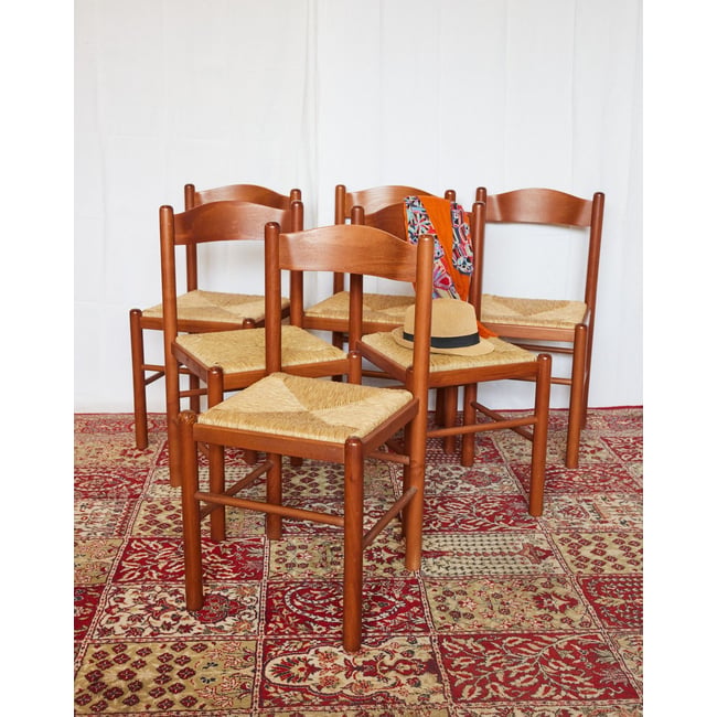 Lot de 6 chaises en bois ocre Claude N°1434 - Bon état Couleur bois foncé <span itemprop=