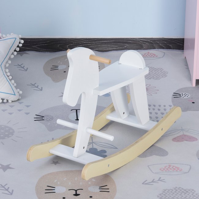 Cheval a bascule en bois poignees repose pied butees blanc bois naturel blanc Homcom La Redoute