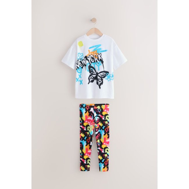 Legging et t-shirt, ensemble blanc/bleu graffiti <span itemprop=