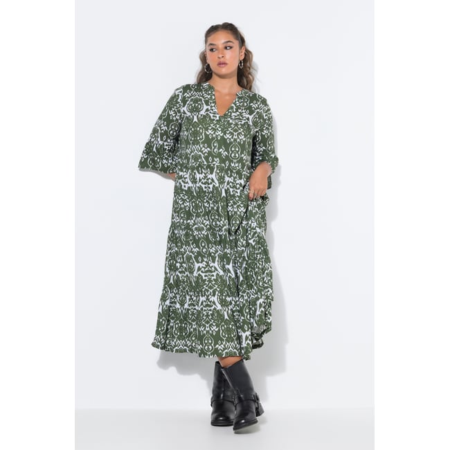Robe maxi coupe trapèze à volants olive clair <span itemprop=
