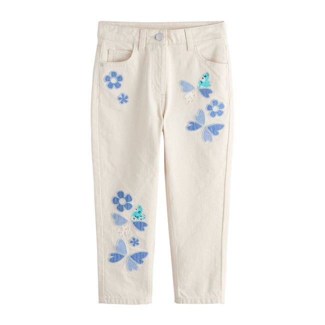 Jean à fleurs brodées écru <span itemprop=