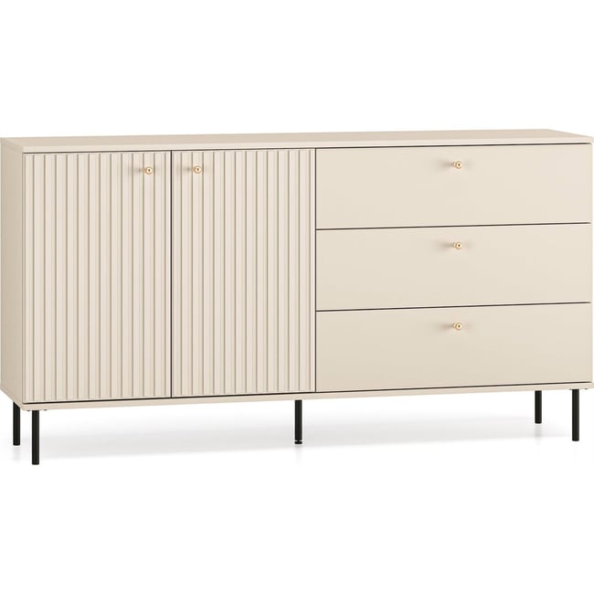 Buffet 2 portes 3 tiroirs cannelé CALETTO Couleur cachemire avec poignées dorées et pieds noirs <span itemprop=