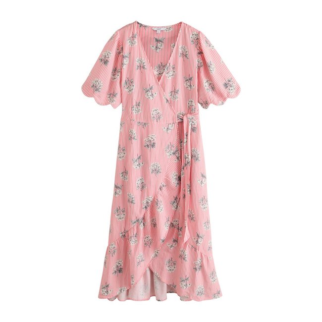 Robe mi-longue à manches festonnées rayures florales roses <span itemprop=