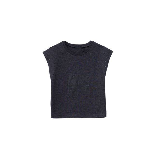 T-shirt visuels pailletés et décor clous gris anthracite <span itemprop=