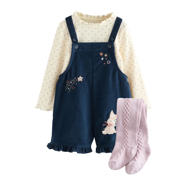 Salopette lapin en velours côtelé et collants bleu marine <span itemprop=