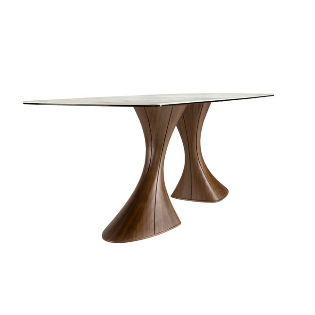 Table de salle à manger ovale en forme de tonneau, marbre en porcelaine et noyer Couleur white | walnut <span itemprop=