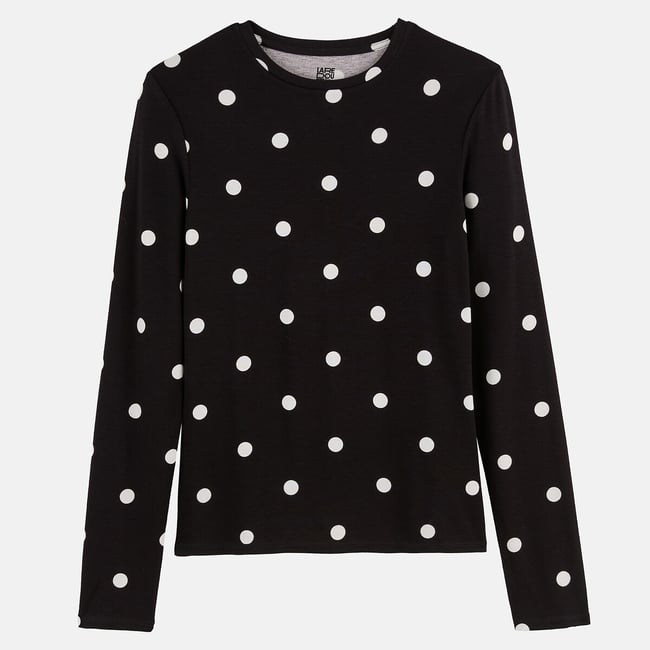 T-shirt manches longues à pois, col rond pois <span itemprop=