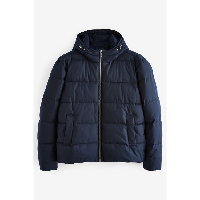 Doudoune longue déperlante à capuche bleu marine <span itemprop=