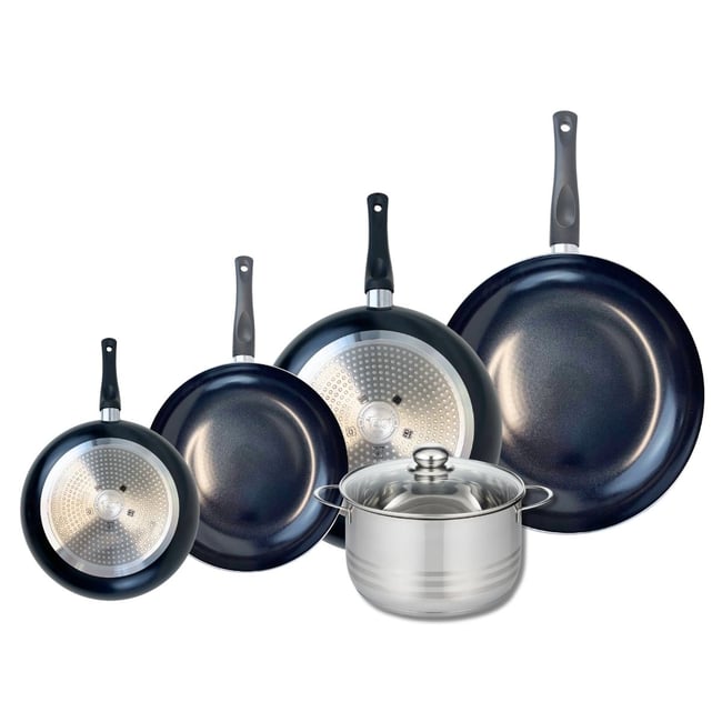 Batterie 4 poêles 20/24/28/32cm + 1 faitout 20cm PRIMA BRILLANT noir <span itemprop=