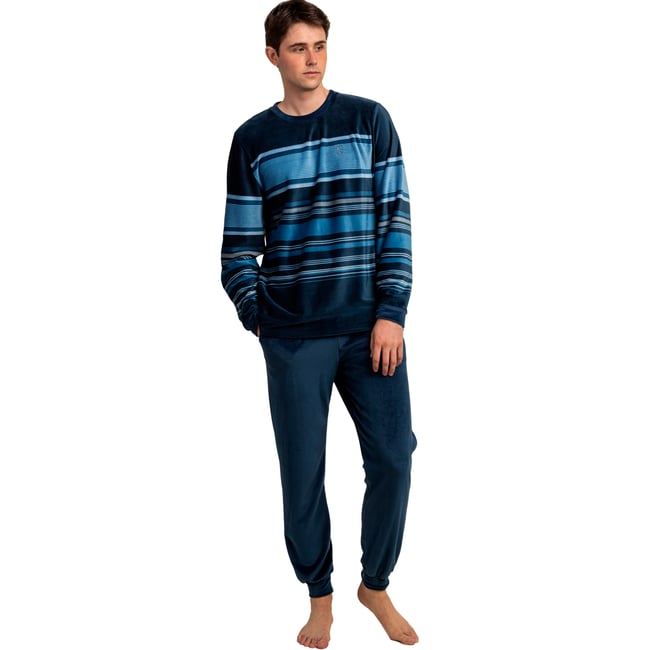 Pyjama velours pantalon top manches longues Frostline bleu marine <span itemprop=