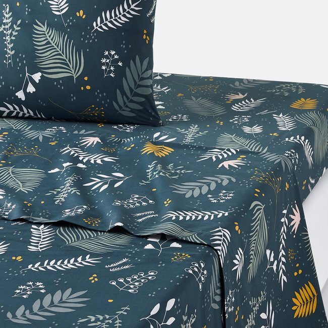Drap plat percale de coton, Suzanne imprimé bleu <span itemprop=