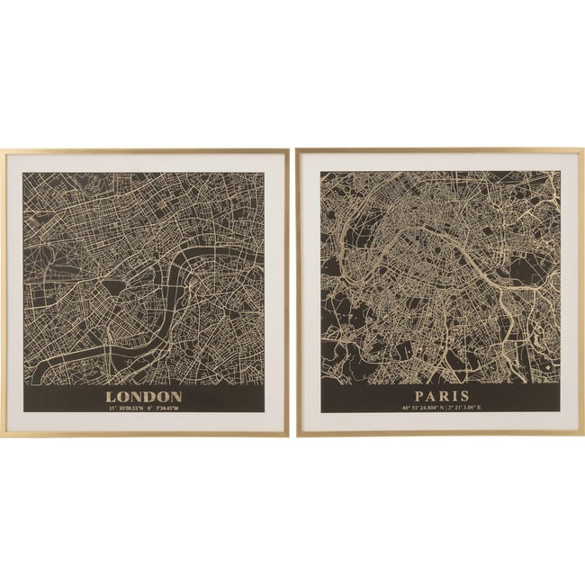 Décoration murale cartes urbaines, Lot de 2 Couleur noir et doré <span itemprop=
