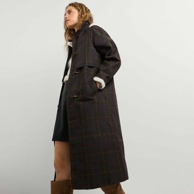 Trench-Coat Long À Carreaux vert kaki <span itemprop=
