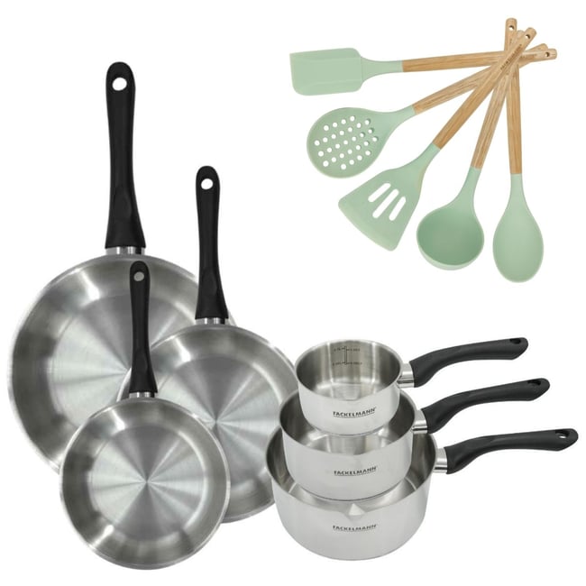 Batterie 3 poêles 20/24/28cm + 3 casseroles 12/16/20cm inox|noir <span itemprop=
