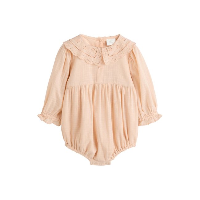 Barboteuse bouffante tissée manches longues pêche rose <span itemprop=
