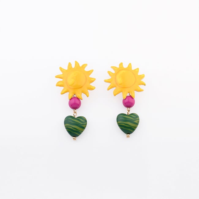 Boucles d'oreilles soleil pendentif cœur multicolore <span itemprop=