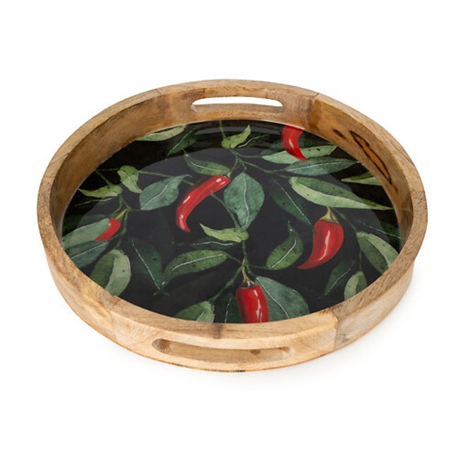 30cm 'Chillies' Mango Wood Round Tray, red, SO'HOME