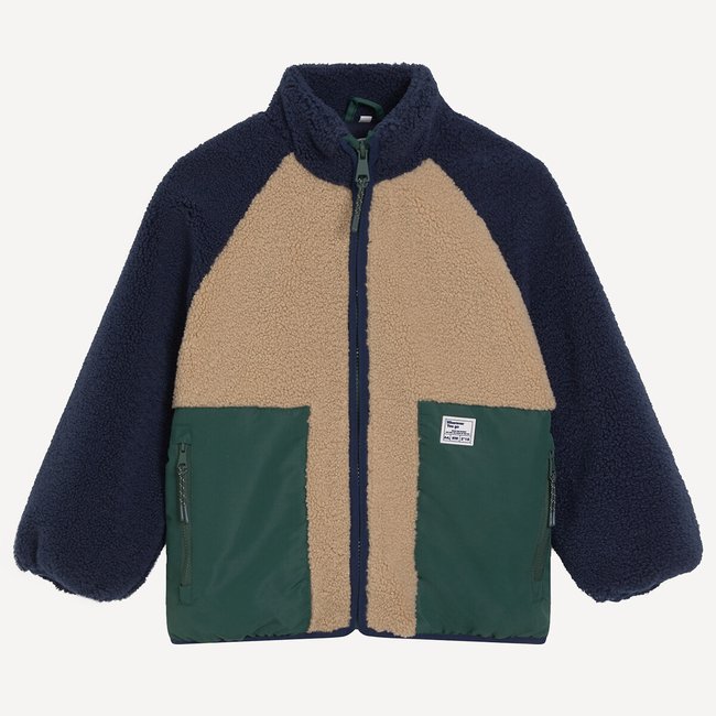 Gilet col montant, zippé, en sherpa, color block beige/vert <span itemprop=