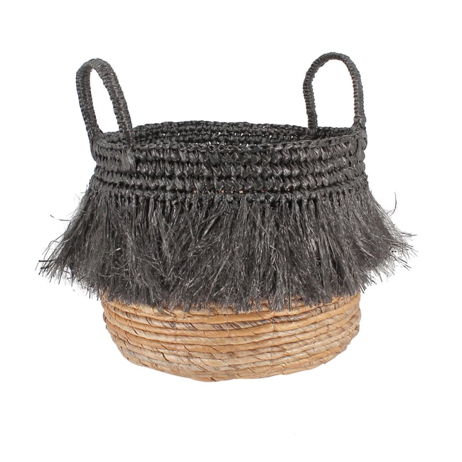 Panier en abaca avec franges, ZALO Couleur noir <span itemprop=
