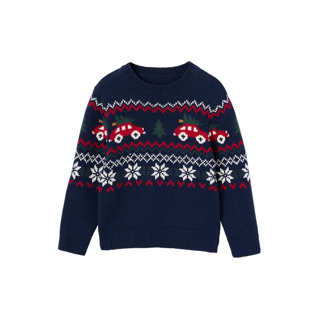 Pull jacquard manches longues marine <span itemprop=