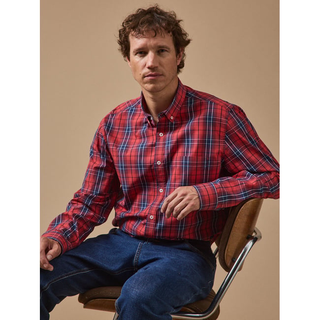 Chemise popeline carreaux  - coupe contemporaine carreaux rouge <span itemprop=