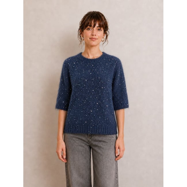 Pull manches 3/4 bleu marine <span itemprop=