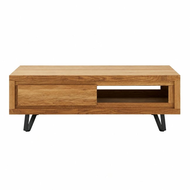 Table basse bois massif - 1 tiroir, frise décorative ROSETO Couleur bois naturel <span itemprop=