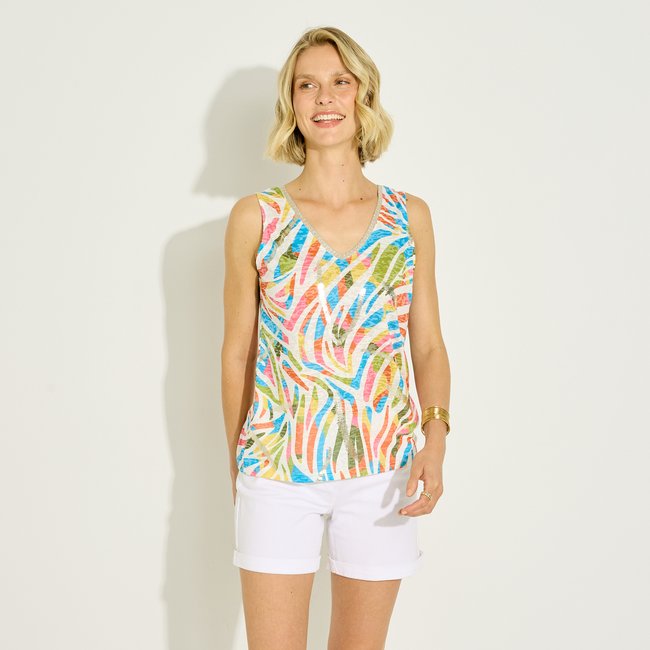 Débardeur imprimé col V bleu turquoise <span itemprop=