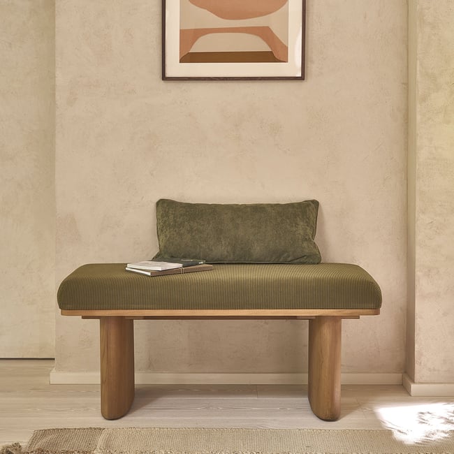 Banc en teck massif et tissu velours côtelé 100 cm  AMBRE Couleur naturel <span itemprop=