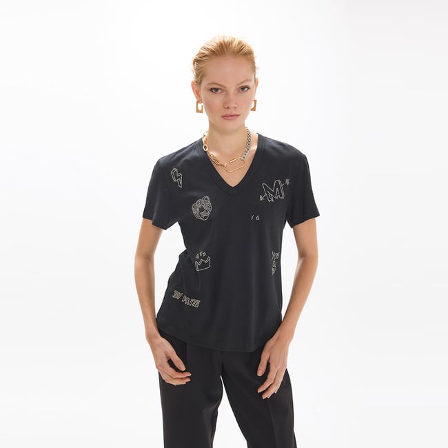 T-shirt col en V imprimé clous graphiques noir <span itemprop=