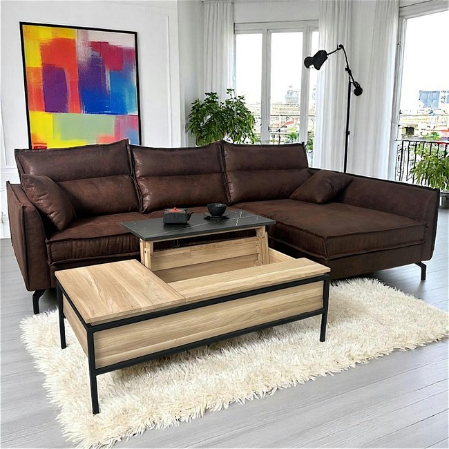 Table de salon relevable chêne blanc décor graphique ESSEN Couleur bois naturel <span itemprop=