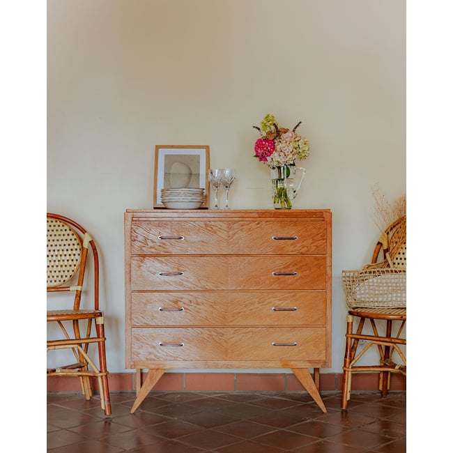 Commode mid-century modern Olga N°693 - Bon état Couleur bois clair <span itemprop=