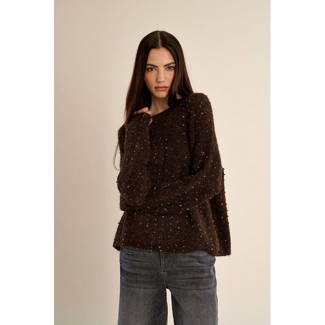 Pull col rond détails multicolores marron chocolat <span itemprop=