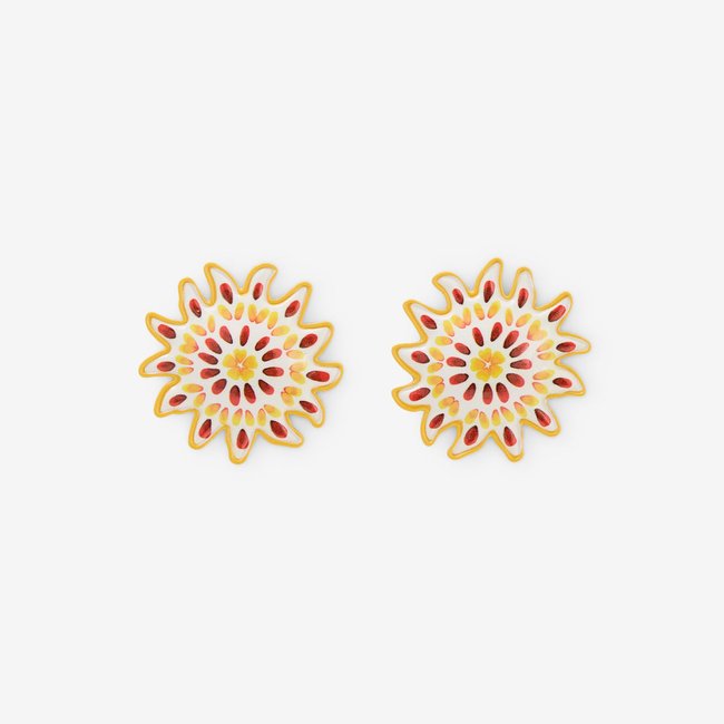 Boucles d'oreilles fleur effet porcelaine jaune <span itemprop=