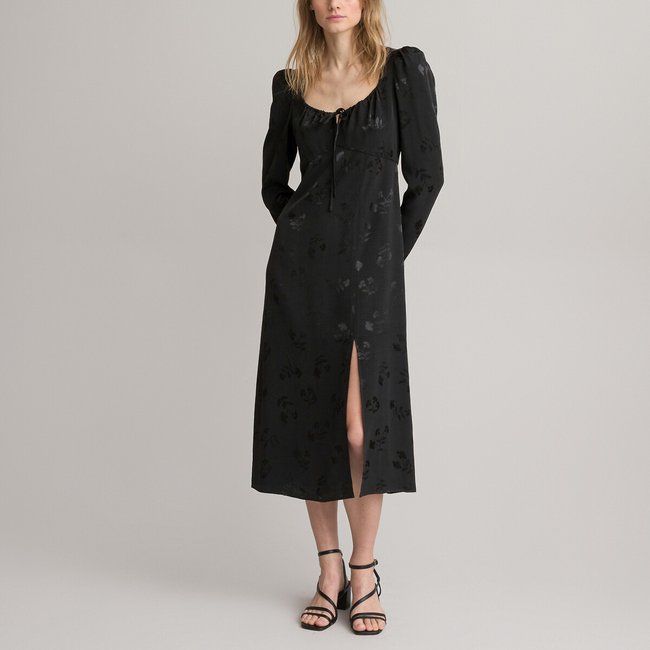 Robe longue jacquard, manches longues  noir <span itemprop=